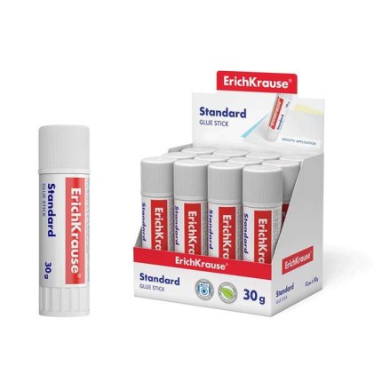 Colla stick standard Erichkrause - 30G - Display 12 unit&agrave;. - Incollaggio rapido e affidabile - Facile da risciacquare con acqua - Atossico - Esente da solventi - Resistente al freddo - Adatto per carta, cartone e fotografie - Colore bianco
