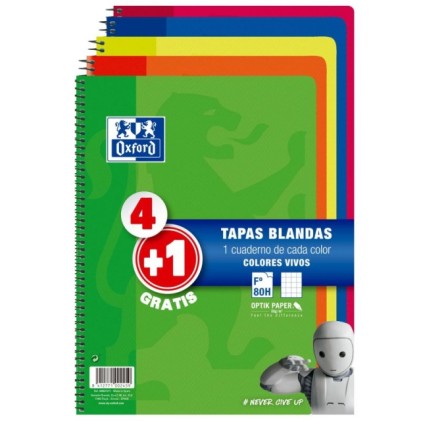 Oxford Pack 4+1 Quaderni Spirali Formato Folio Quadrato 4x4mm - 80 Fogli - Copertina Morbida - Colori Assortiti