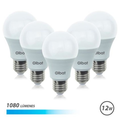 Elbat Pack 5 Unit&agrave; - Potenza 12W - Lumen 1080 - Tipo Luce Luce Fredda 6500K - Attacco E27 - Angolo 220&ordm; - Dimensioni 60X120mm - 30.000 Ore di Vita - 15.000 Accensioni