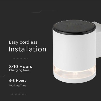 V-TAC Lampada LED da Giardino Cilindrica con Pannello solare 1W Corpo Bianco 121*90*112.5mm 3000K IP44