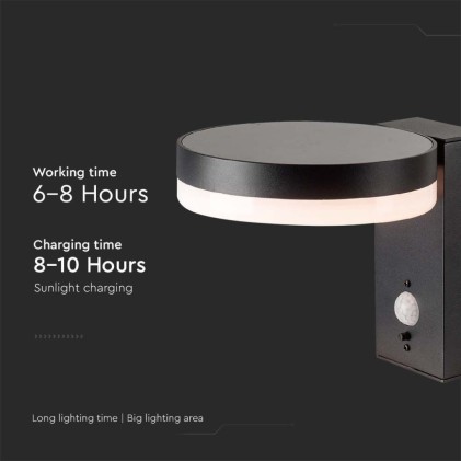 V-TAC Lampada LED da Muro Rotonda 5.5W con Pannello Solare e Sensore PIR Corpo Nero 3000K IP44