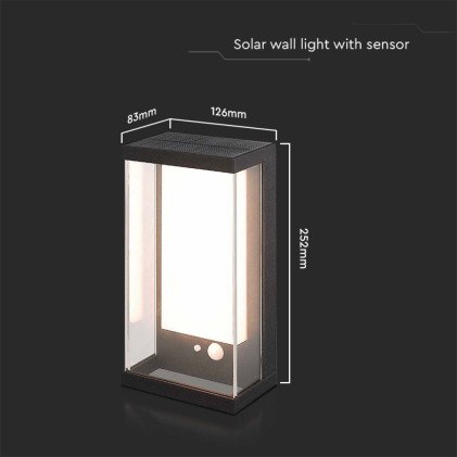 V-TAC Lampada LED da Muro Rettangolare con Pannello Solare e Sensore PIR 1W Colore Nero 3000K IP54
