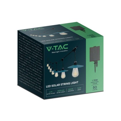 V-TAC Catenaria 15.6m per 15 lampadine LED ST64 a Filamento Con Pannello Solare Colore Nero 3000K IP44