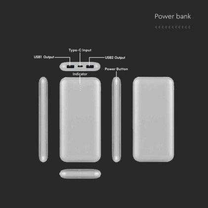 V-TAC Power Bank 10.000 mAh Dual USB e Tipo C Colore Silver