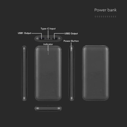V-TAC Power Bank 10.000 mAh Dual USB e Tipo C Colore Nero