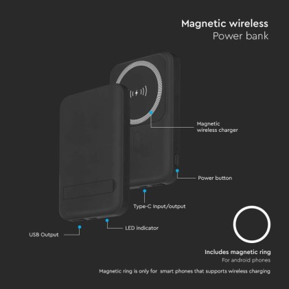V-TAC Power Bank 10000 mAh MagSafe Ultra Sottile Magnetico con Ricarica Wireless Colore Nero