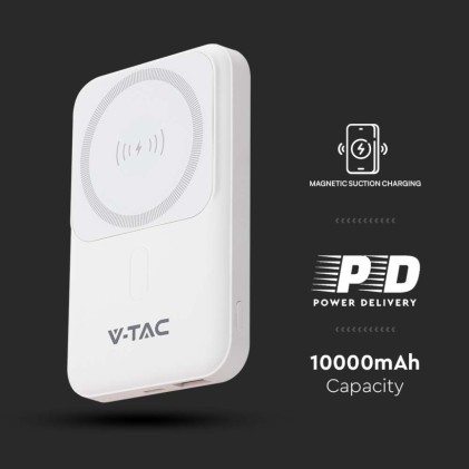V-TAC Power Bank 10000 mAh MagSafe Ultra Sottile Magnetico con Ricarica Wireless Colore Bianco