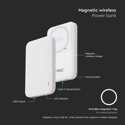 V-TAC Power Bank 10000 mAh MagSafe Ultra Sottile Magnetico con Ricarica Wireless Colore Bianco