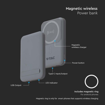 V-TAC Power Bank 10000 mAh MagSafe Ultra Sottile Magnetico con Ricarica Wireless Colore Grigio