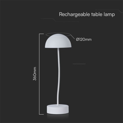 V-TAC Lampada LED da Tavolo 3W Colore Bianco ricaricabile con USB C Touch Dimmerabile 3000K