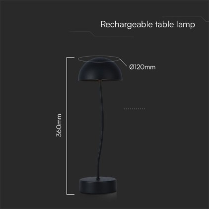 V-TAC Lampada LED da Tavolo 3W Colore Nero ricaricabile con USB C Touch Dimmerabile 3000K