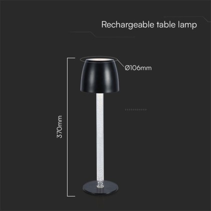 V-TAC Lampada LED da Tavolo 3W Colore Nero e Trasparente Ricaricabile con USB C Touch Dimmerabile 3000K