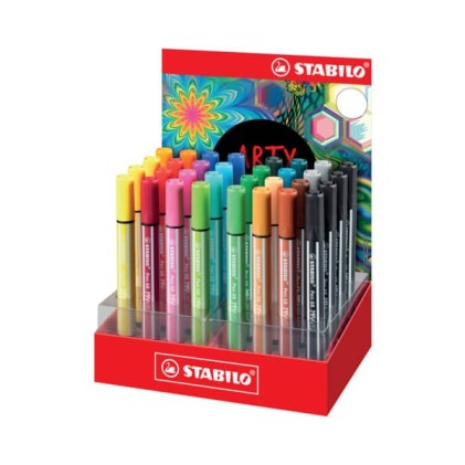 Stabilo Pen 68 MAX Arty espositore da 32 pennarelli - Punta in fibra smussata - Tratto tra 1 e 5 mm circa. - Inchiostro a base d'acqua - Colori assortiti