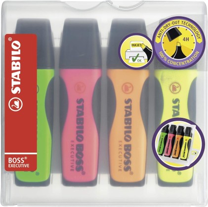 Stabilo Boss Executive Confezione da 4 Pennarelli Fluorescenti - Zona di Presa - Linea tra 2 e 5 mm - Ricaricabile - Inchiostro a Base Acqua - Colori Assortiti