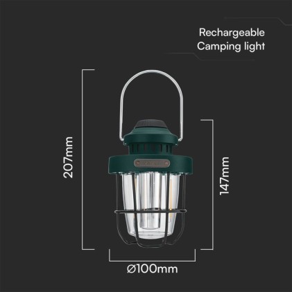 V-TAC Lampada LED Lanterna da Campeggio 5W Colore verde Ricaricabile con USB C Dimmerabile IP44