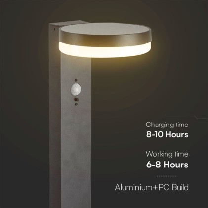 V-TAC Piantana Solare LED da Giardino Rotonda con Sensore PIR 5.5W Corpo Nero 155*299*155mm 3000K IP54