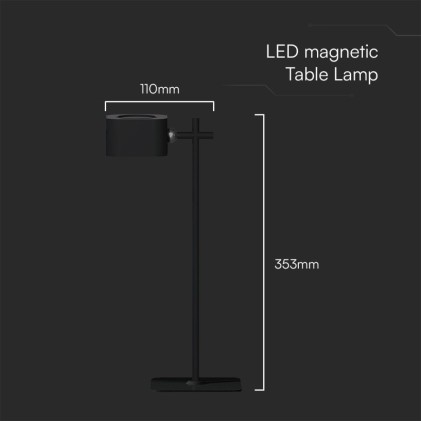 V-TAC Lampada LED da Tavolo Magnetica 3W con Batteria Ricaricabile USB C Colore Nero Touch Dimmerabile 3in1