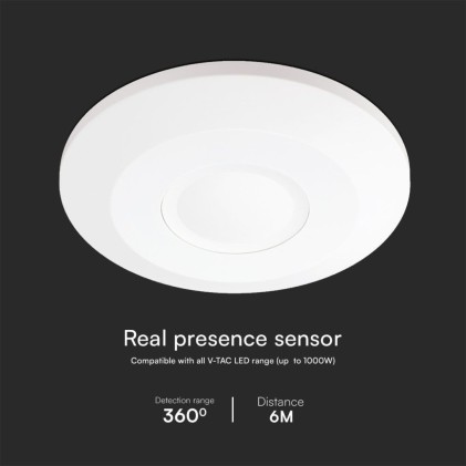 V-TAC Sensore di Movimento a Microonde, Montaggio a Plafone, Rilevamento a 360°, Raggio 3m, Regolazione Tempo e Luce, 1000W LED, Colore Bianco, IP20