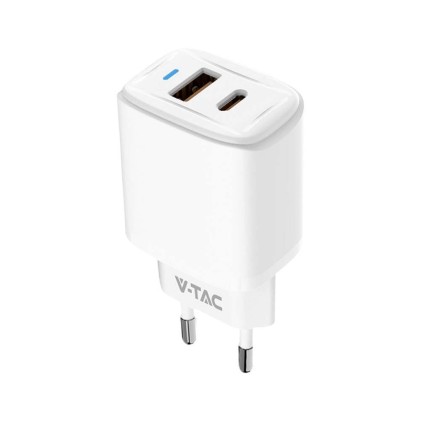 V-TAC Adattatore da Viaggio USB 20W 1 PD+1 QC Colore Bianco