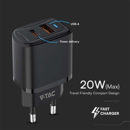 V-TAC Adattatore da Viaggio USB 20W 1 PD+1 QC Colore Nero