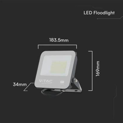 V-TAC PRO Faro LED SMD Chip Samsung 100LM/W 50W Cavo 1m Colore Nero 6500K IP65