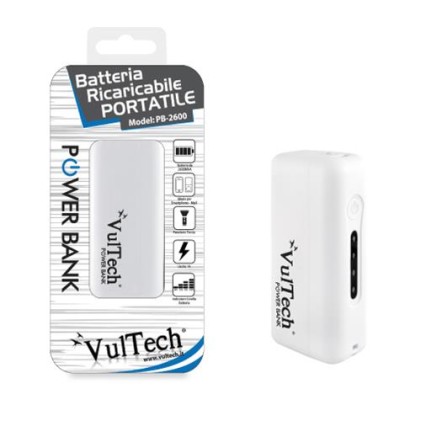 Power Bank Vultech PB-2600W Bianco 2600mAh 1A funzione torcia