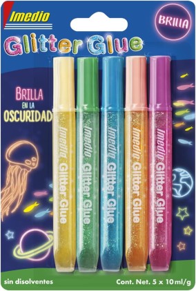 Imedio Colla Glitter "Glow in the Dark" Confezione da 5 Tubi di Colla Glitter 10ml - Si Illumina al Buio - Per Diversi Materiali - Tubo Extra Morbido - Ugello di Precisione - Senza Solventi - Colori Assortiti