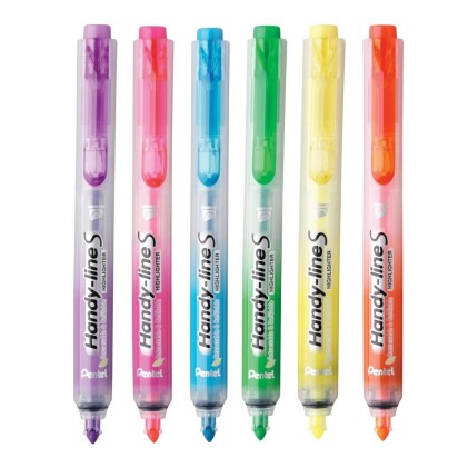 Pentel Handy Line S Confezione da 6 Pennarelli Fluorescenti Retrattili - Inchiostro Liquido - Linea da 1,6 a 3mm - Formato Fine con Clip - Colori Giallo, Arancione, Fucsia, Viola, Verde e Blu