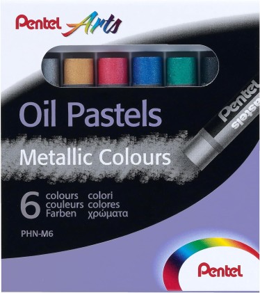 Pastelli a olio Pentel Confezione da 6 pastelli a olio metallizzati - Morbidi, cremosi e ad asciugatura lenta - Colori metallici assortiti