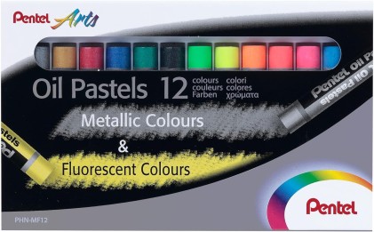 Pastelli a olio Pentel Confezione da 12 Pastelli a olio - 6 metallizzati e 6 fluorescenti - Morbidi, cremosi e ad asciugatura lenta - Colori assortiti metallizzati e fluorescenti