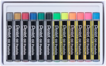 Pastelli a olio Pentel Confezione da 12 Pastelli a olio - 6 metallizzati e 6 fluorescenti - Morbidi, cremosi e ad asciugatura lenta - Colori assortiti metallizzati e fluorescenti