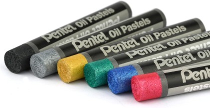 Pastelli a olio Pentel Confezione da 12 Pastelli a olio - 6 metallizzati e 6 fluorescenti - Morbidi, cremosi e ad asciugatura lenta - Colori assortiti metallizzati e fluorescenti