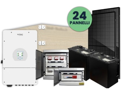 V-TAC Italia KIT Fotovoltaico Trifase 10kW con Inverter Ibrido, 24 Moduli TIER-1 400W (9.6kW) Full Black con Accumulo LFP 20kWh, Quadri DC 3-3 e AC 1-1 10kW