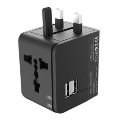 Adattatore da viaggio universale XO - Voltaggio 110 V-240 V - 2 porte USB 2,1 A - Connessioni per Regno Unito, UE, AU, Stati Uniti - Colore nero