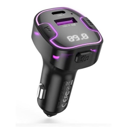 Adattatore Bluetooth XO per veicoli - Riproduce negli altoparlanti del veicolo - Ingresso 12/24 V - Uscite USB-A e Tipo C - Gamma di frequenza 87,5-108 Mhz - Schermo LED - Funzione vivavoce - Colore nero