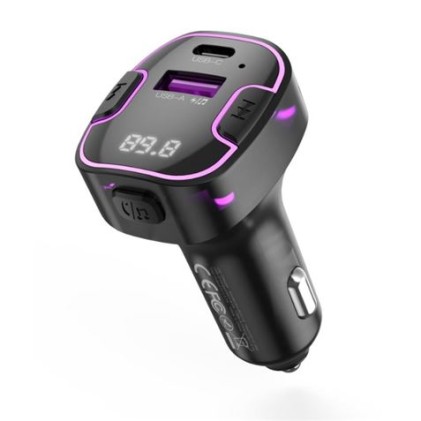 Adattatore Bluetooth XO per veicoli - Riproduce negli altoparlanti del veicolo - Ingresso 12/24 V - Uscite USB-A e Tipo C - Gamma di frequenza 87,5-108 Mhz - Schermo LED - Funzione vivavoce - Colore nero