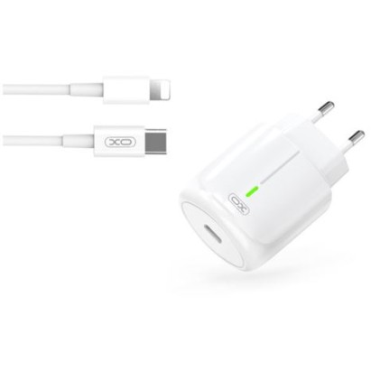 Caricabatterie a ricarica rapida XO da 20 W - Porta di tipo C - Carica + 50% in 30 minuti - Protezione da sovratensione - Include cavo di ricarica Lightning - Colore bianco