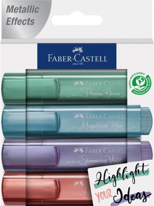 Faber-Castell Textliner 46 Metallic Confezione da 4 pennarelli fluorescenti - Punta a scalpello - Linea tra 1 mm e 5 mm - Inchiostro a base acqua - Colori assortiti