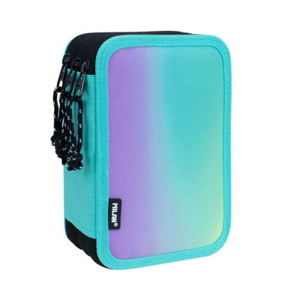 Astuccio portapenne a 3 ripiani Milan Sunset con gomma, temperino, matita, 3 penne a capsula, righello, 12 matite colorate, 6 matite colorate metallizzate, 5 matite colorate fluorescenti, forbici e 18 pennarelli - Turchese