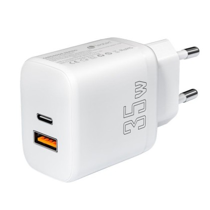 Caricabatterie per smartphone Leotec 35W con porte USB-C PD 3.0 e USB-A - Protezione da sovracorrente e cortocircuito - Colore bianco