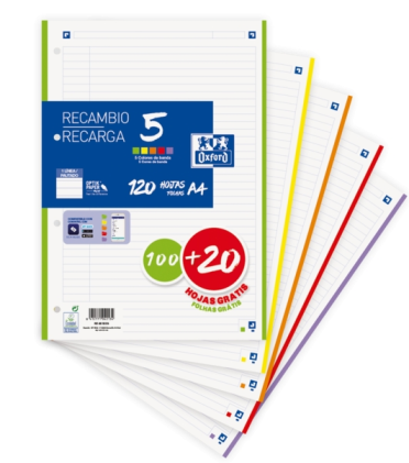 Confezione da 5 ricariche Oxford School A4 - Promozione 1 riga - 100+20 fogli - Colori assortiti