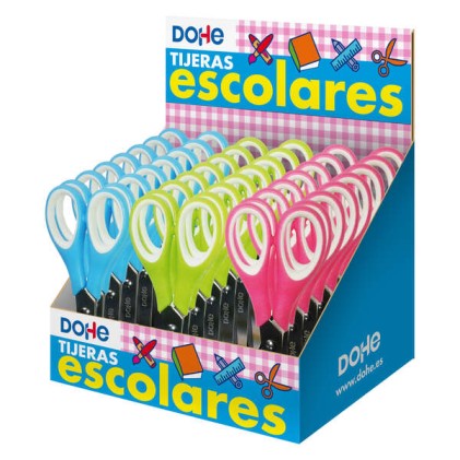 Dohe Espositore da 24 forbici scolastiche, 125 mm - Lame in acciaio inossidabile - Punte arrotondate - Impugnatura ergonomica in plastica e gomma - Colori assortiti