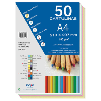 Confezione da 50 cartoncini Dohe A4 da 180 g/m&sup2; - pH neutro - Senza cloro elementare - Colori pastello assortiti