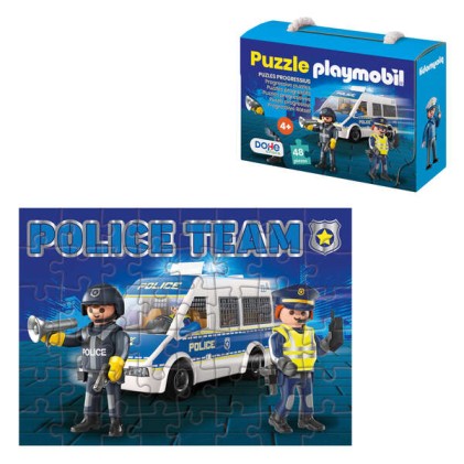 Puzzle Dohe Playmobil per bambini da 48 pezzi - Tema Polizia - Doppio strato di cartone - Strato intermedio di compensato - Stimola l'immaginazione e il ragionamento - Colori e disegni accattivanti