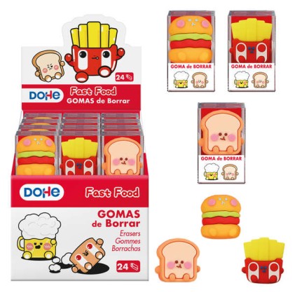 Espositore Dohe da 24 gomme da cancellare in PVC a forma di cibo - Soft Touch - Confezionate singolarmente