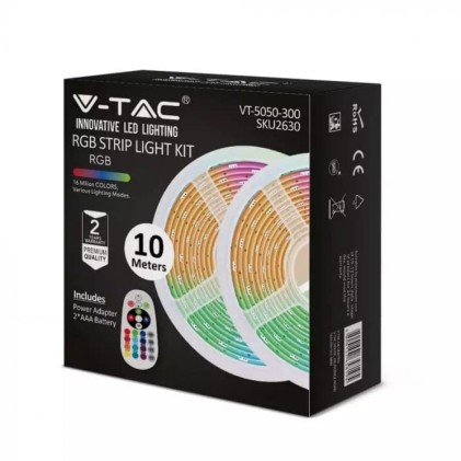 V-TAC Kit per Strip LED SMD5050 4,8W/m 30 LED/m RGB 2*5metri con Telecomando e Alimentatore