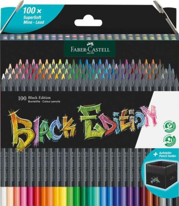 Faber-Castell Black Edition Confezione da 100 Matite Colorate - Mina Super Morbida - Legno Nero - Ideale per Disegnare su Carta Chiara, Scura e Colorata - Colori Assortiti
