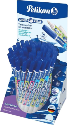 Espositore Pelikan da 50 penne Super Pirate 850 B - Penna stilografica e rollerball con gomma - Punta bianca e riscrittura - Punta a scalpello media - Blu