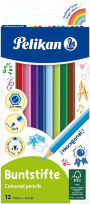Confezione da 12 matite colorate esagonali laccate Pelikan - Mina resistente alla rottura - Certificazione FSC