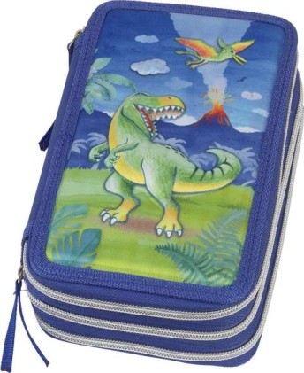 Faber-Castell Dinosaur Design a 3 livelli con contenuto standard: gomma, temperino, matita in grafite HB, 2 penne (blu e rossa), righello da 15 cm, 18 matite colorate, 18 pennarelli, forbici e stick di colla